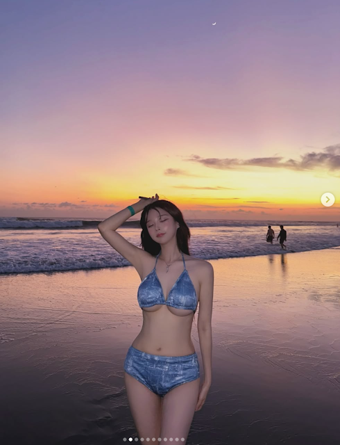 오지은 비키니 코디 분석 데님 Y2K부터 스트라이프 상큼 룩까지